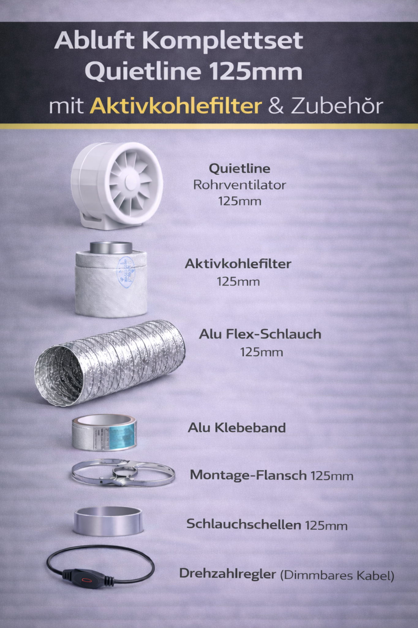 Abluft Komplettset Quietline 125mm mit Aktivkohlefilter & Zubehör