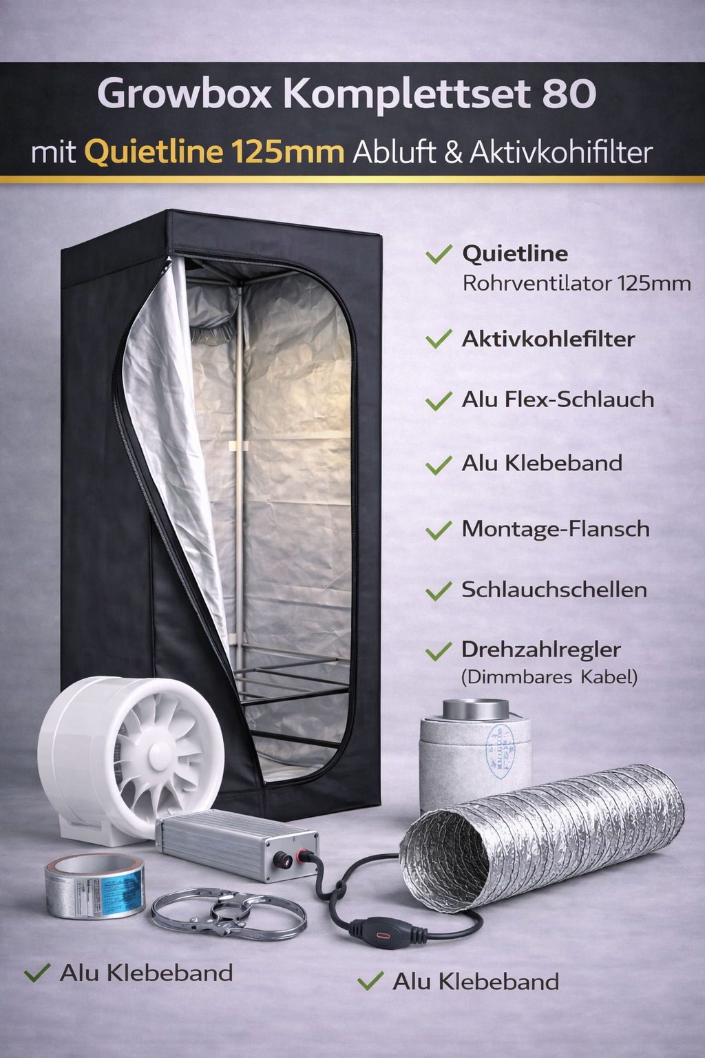 Growbox Komplettset 80 mit Quietline 125mm Abluft & Aktivkohlefilter