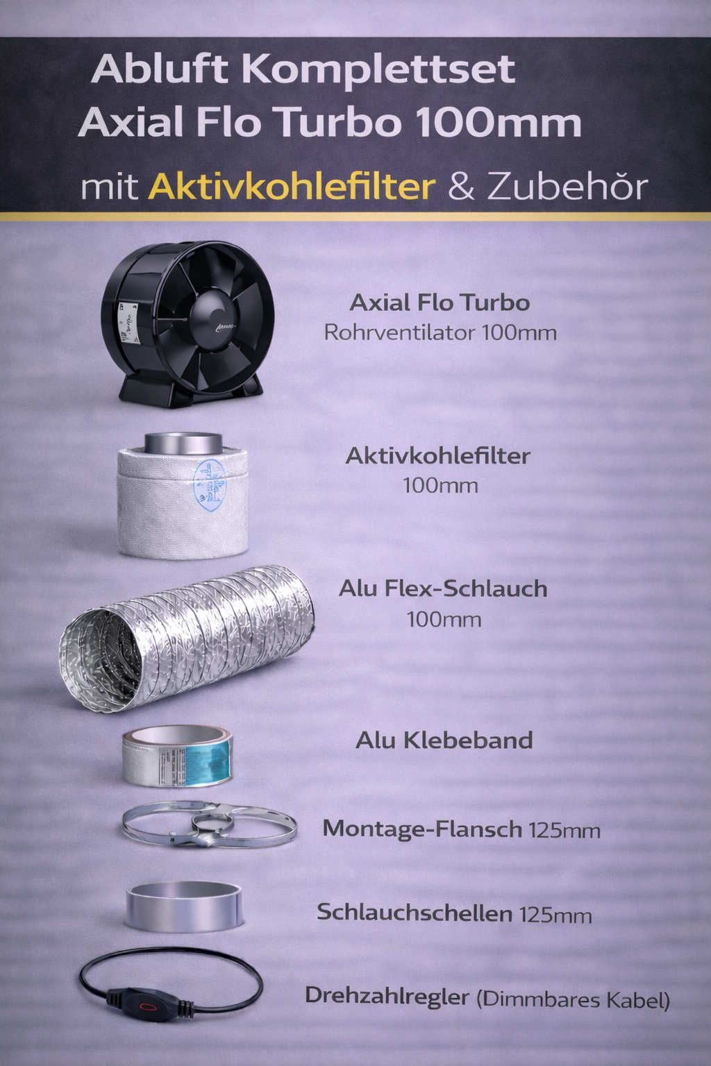 Abluft Komplettset Axial Flo Turbo 100mm mit Aktivkohlefilter & Zubehör