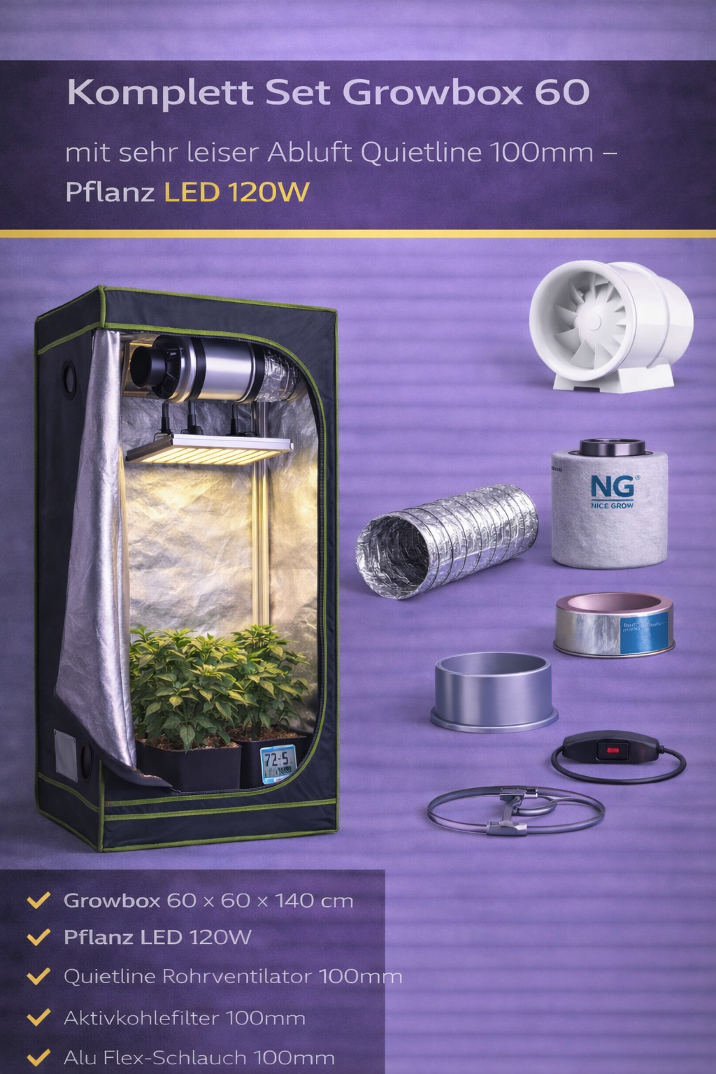 Komplett Set Growbox 60 mit sehr leiser Abluft Quietline 100mm - Pflanz LED 120W