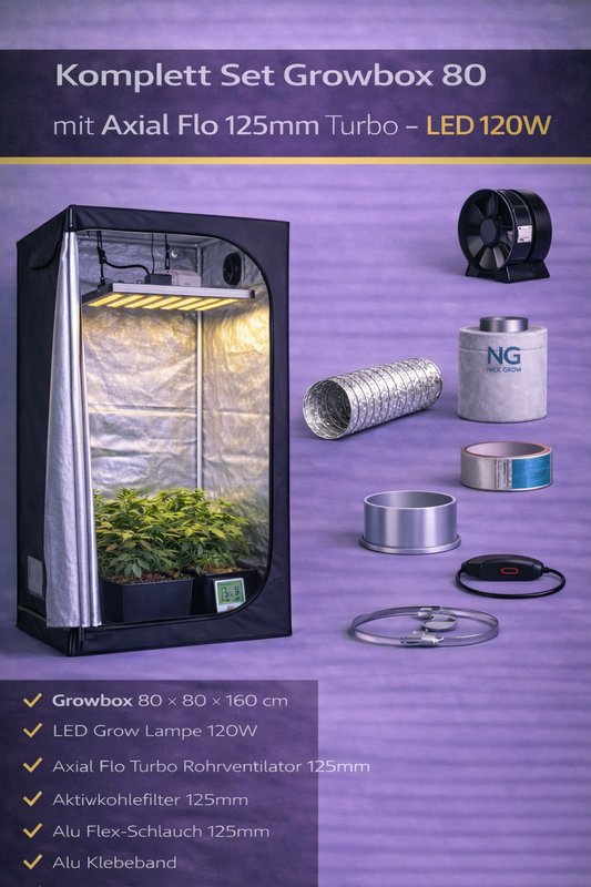 Komplett Set Growbox 80 mit Axial Flo 125mm Turbo - LED 120W