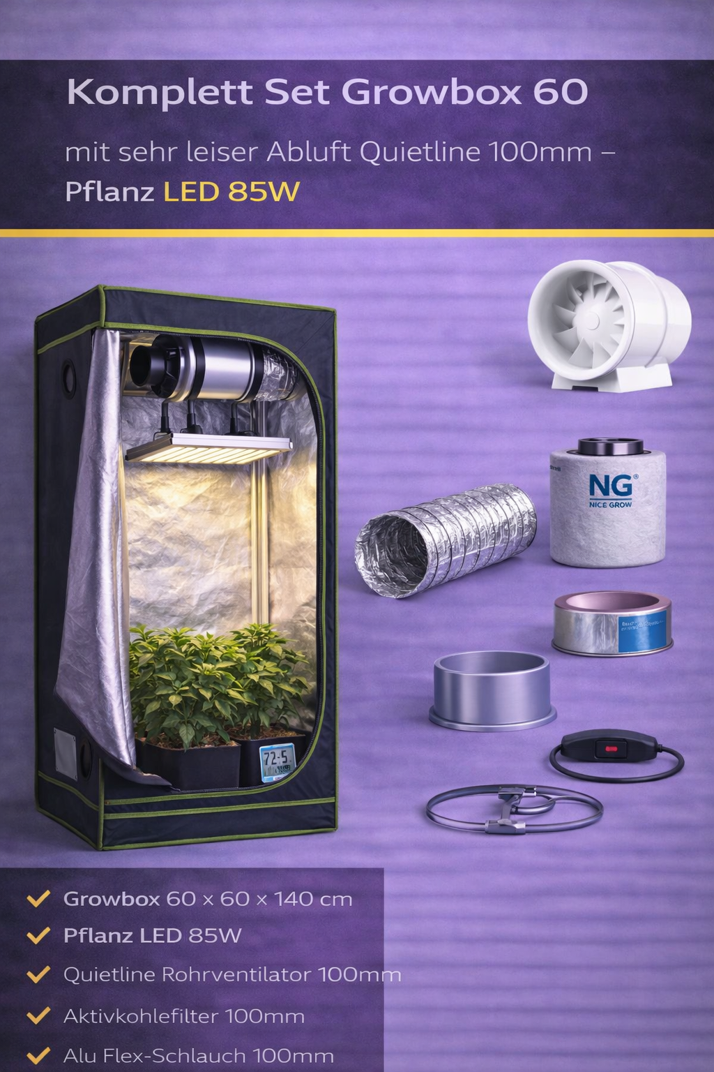 Komplett Set Growbox 60 mit sehr leiser Abluft Quietline 100mm - Pflanz LED 85W