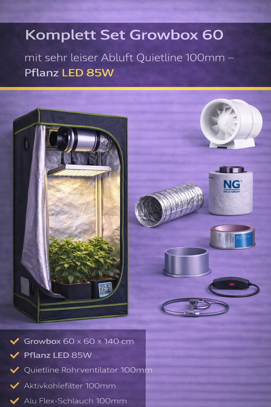 Komplett Set Growbox 60 mit sehr leiser Abluft Quietline 100mm - Pflanz LED 85W