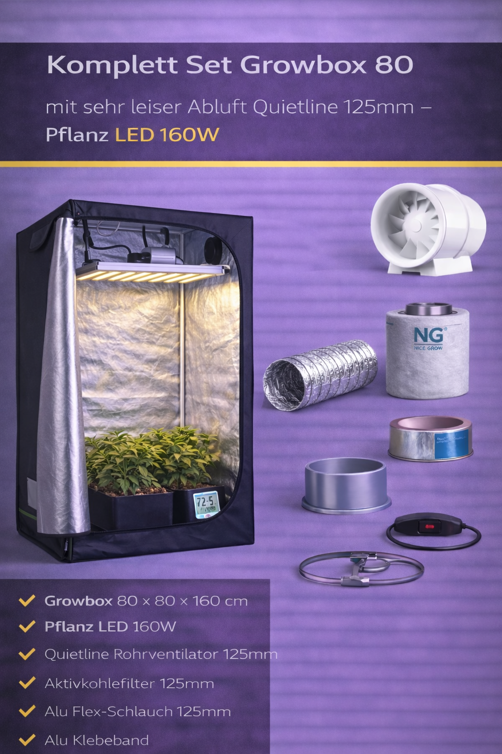 Komplett Set Growbox 80 mit sehr leiser Abluft Quietline 125mm - Pflanz LED 160W