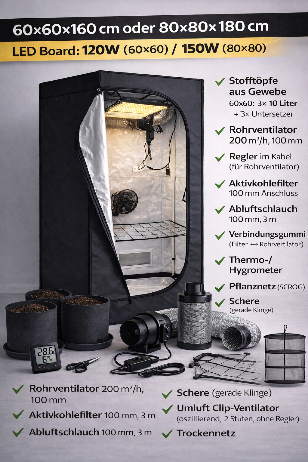 Nice Grow - Grow-Komplettset 60×60×140 cm und 80x80x180 cm – Perfekt für 3 Pflanzen - verschiedene Größen